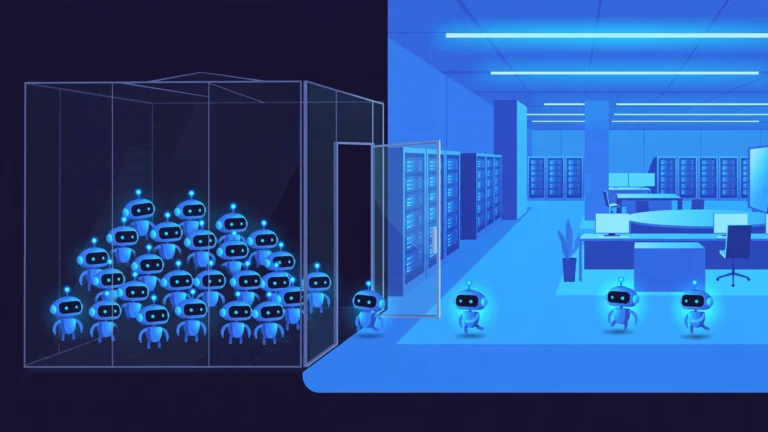 Illustration of many glowing blue AI agent icons held behind a glass pilot barrier, with only a few passing through a gate into a bright production floor.