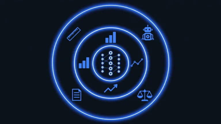 Flat illustration of three nested circles showing deep learning inside machine learning inside artificial intelligence, in navy and electric blue.