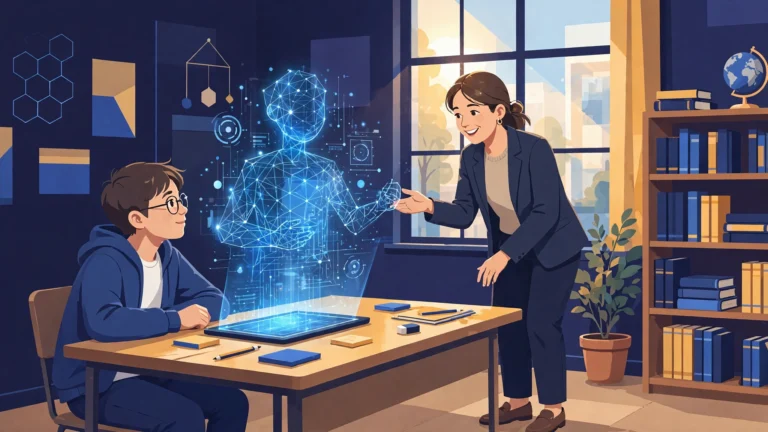 Illustration of a student learning with an AI tutor hologram while a teacher guides the lesson.
