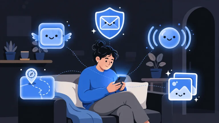 Flat illustration of everyday apps using artificial intelligence, with a phone, voice assistant, map and email icons in navy and electric blue