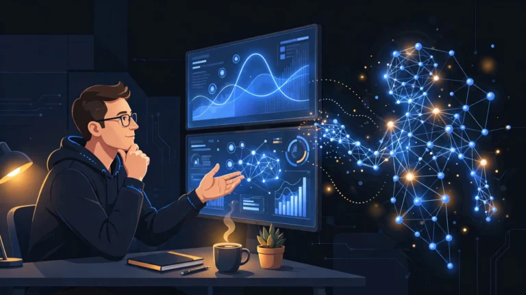 Illustration of a software engineer reviewing AI-generated code and directing an AI assistant.