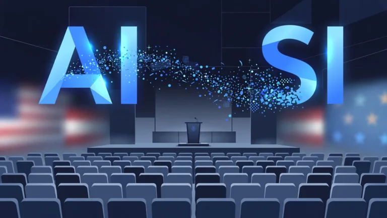 The letters "AI" transforming into "SI" above a podium in a grand assembly hall