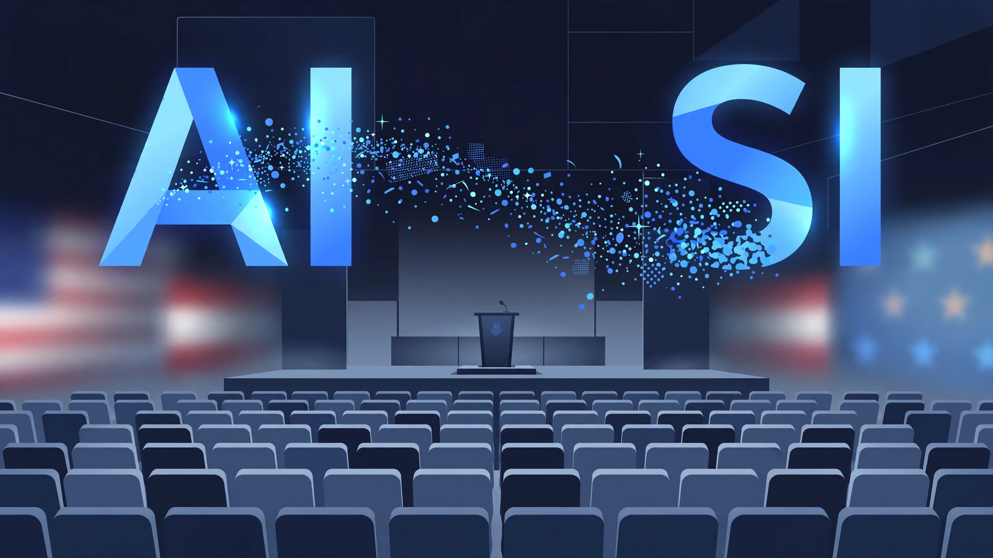 The letters "AI" transforming into "SI" above a podium in a grand assembly hall